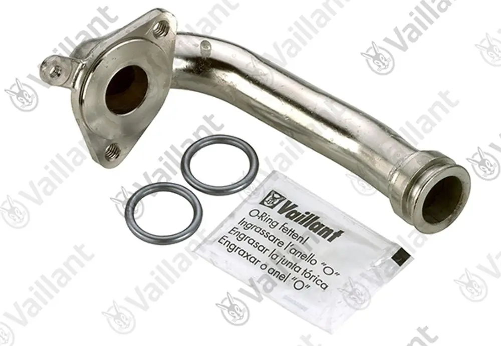 Vaillant Anschlussrohr mit zwei O-Ringen und einer Verpackung, die Anweisungen zum Schmieren des O-Rings enthält.